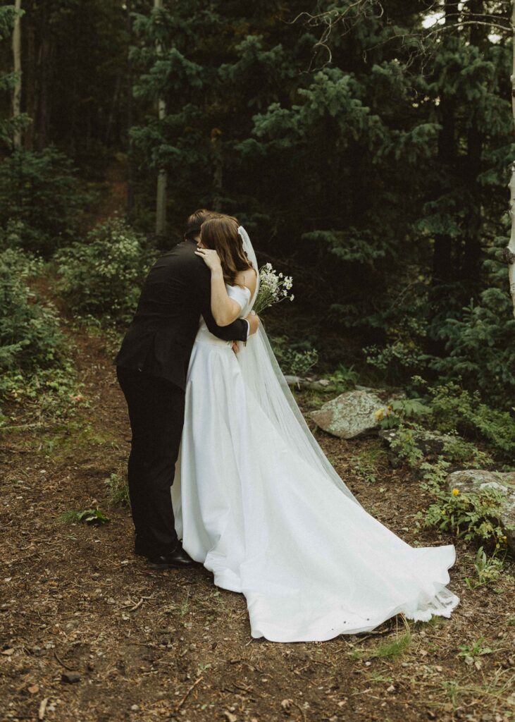 bride and groom photos in the mountains for their cabin elopement at flying moon cabins  