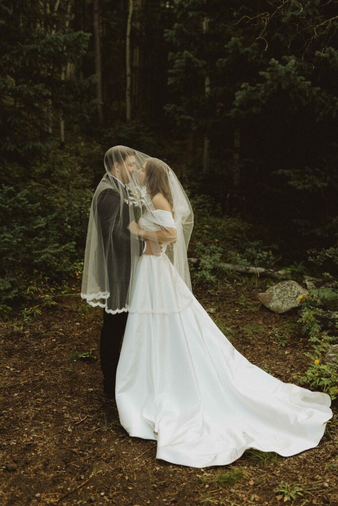bride and groom photos in the mountains for their cabin elopement at flying moon cabins 