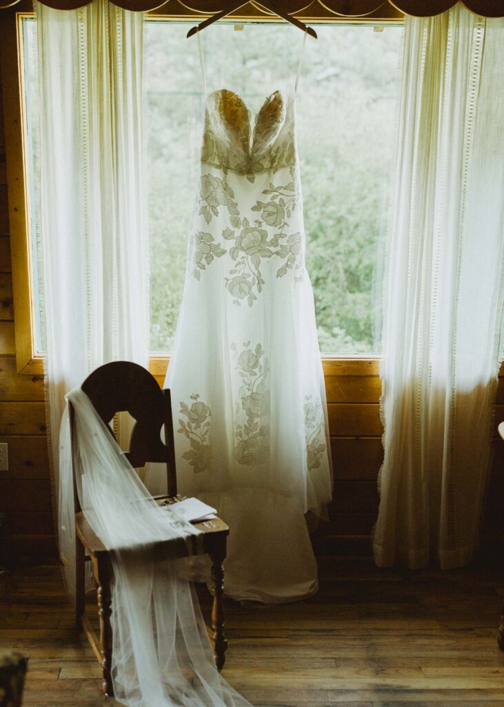 brides dress at cabin