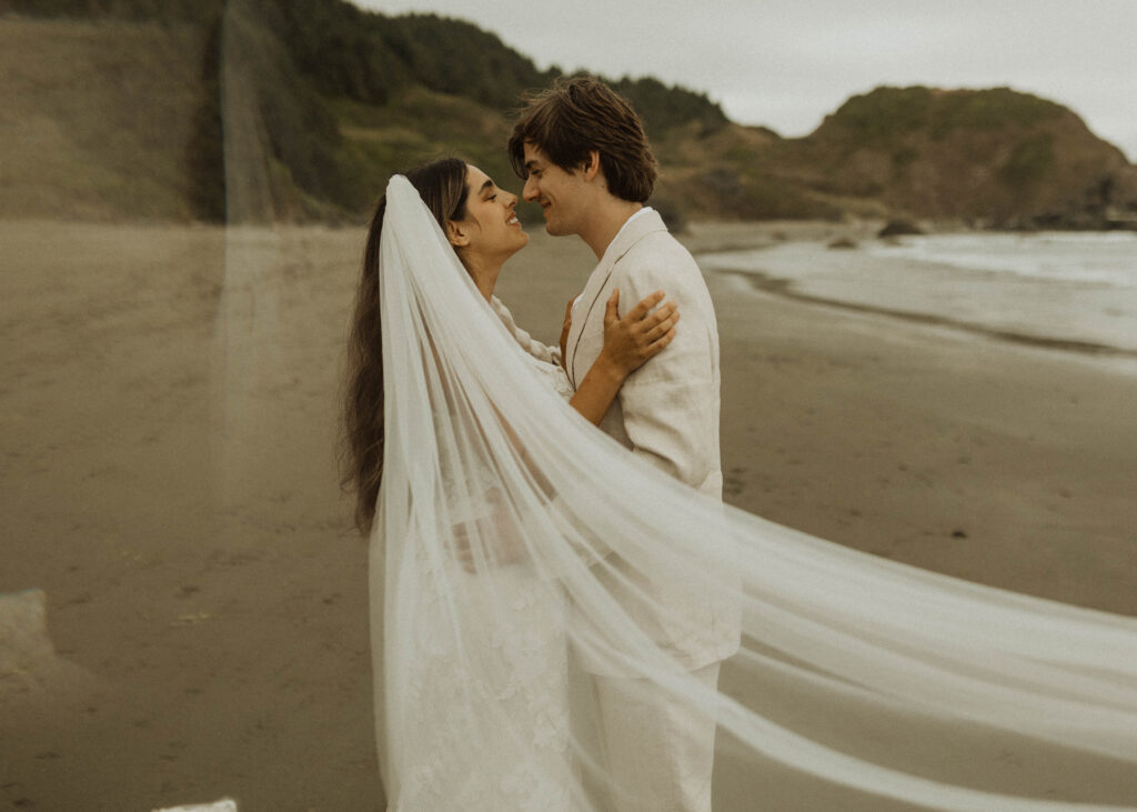 close up bride and groom at their brookings oregon beach elopement