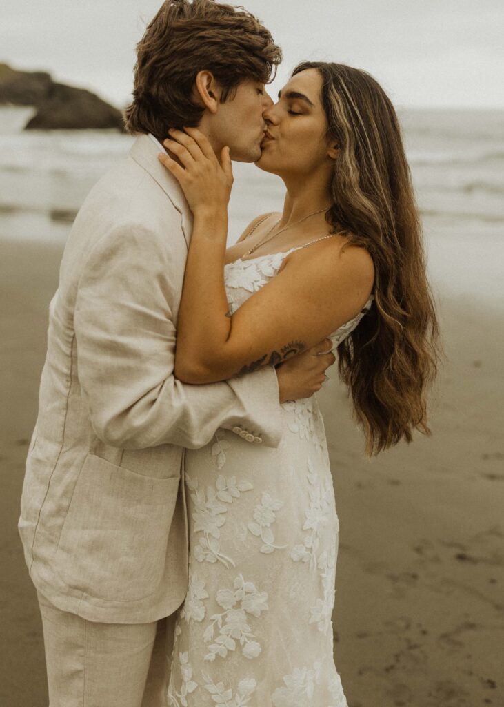 close up bride and groom at their brookings oregon beach elopement