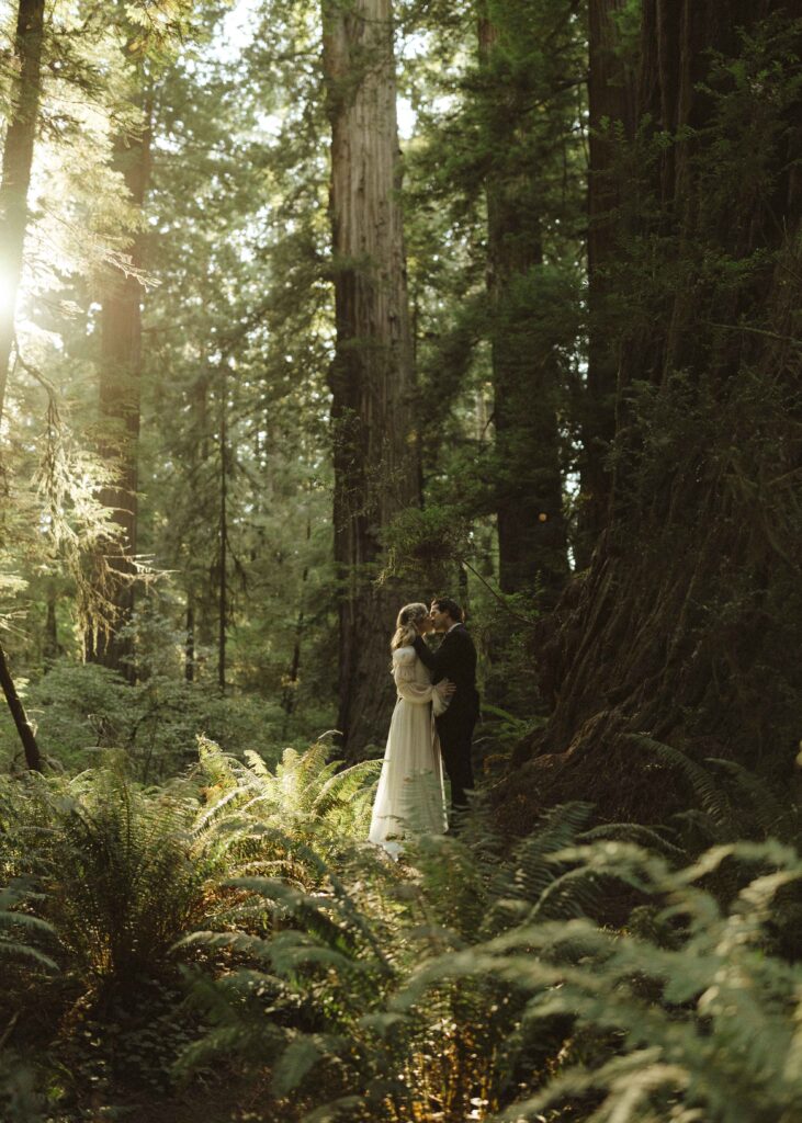 couple kissing at their redwoods elopement 