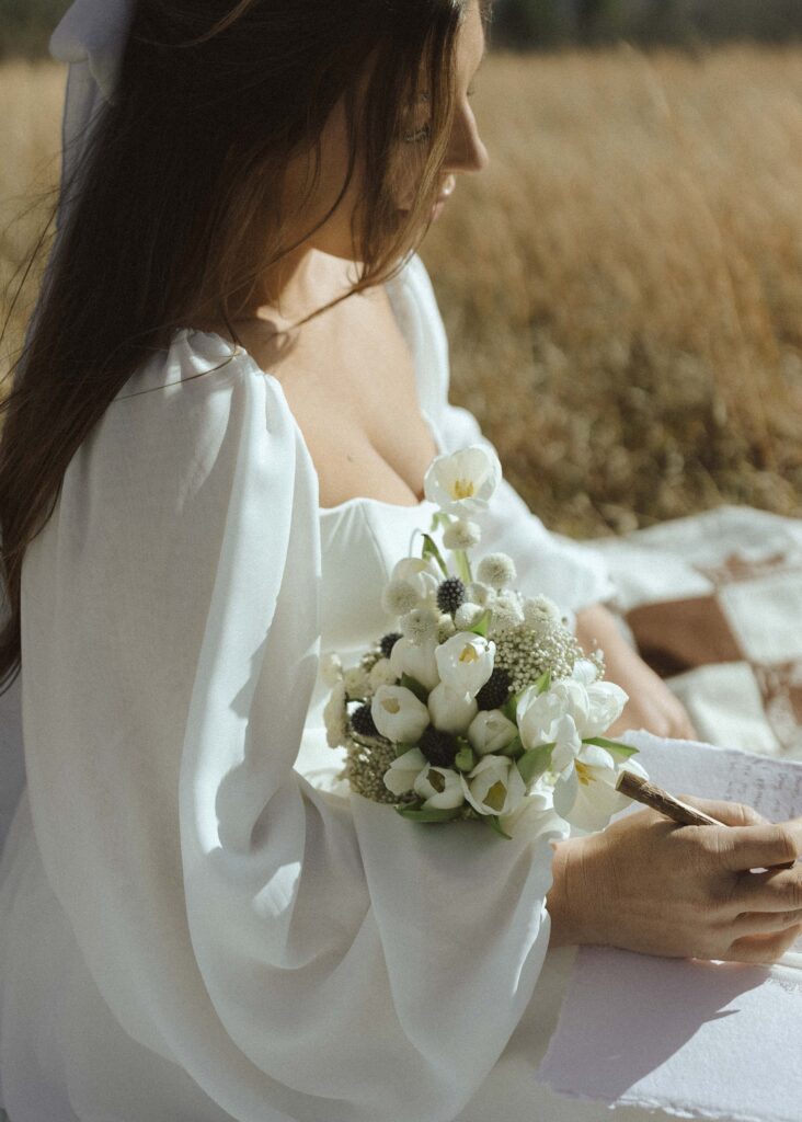 Bride writing her vows at Cades Cove in Great Smoky Mountains National Park