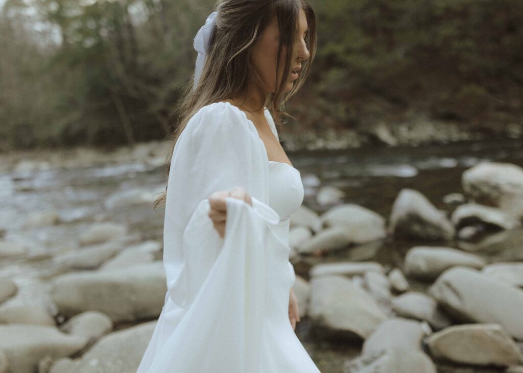 bride walking on the river at Great Smoky Mountains National Park