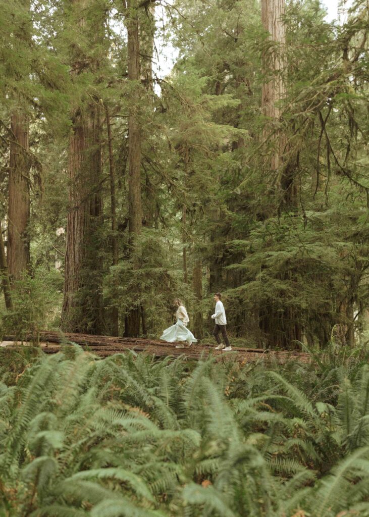 couple running on a log during their redwoods engagement photos 