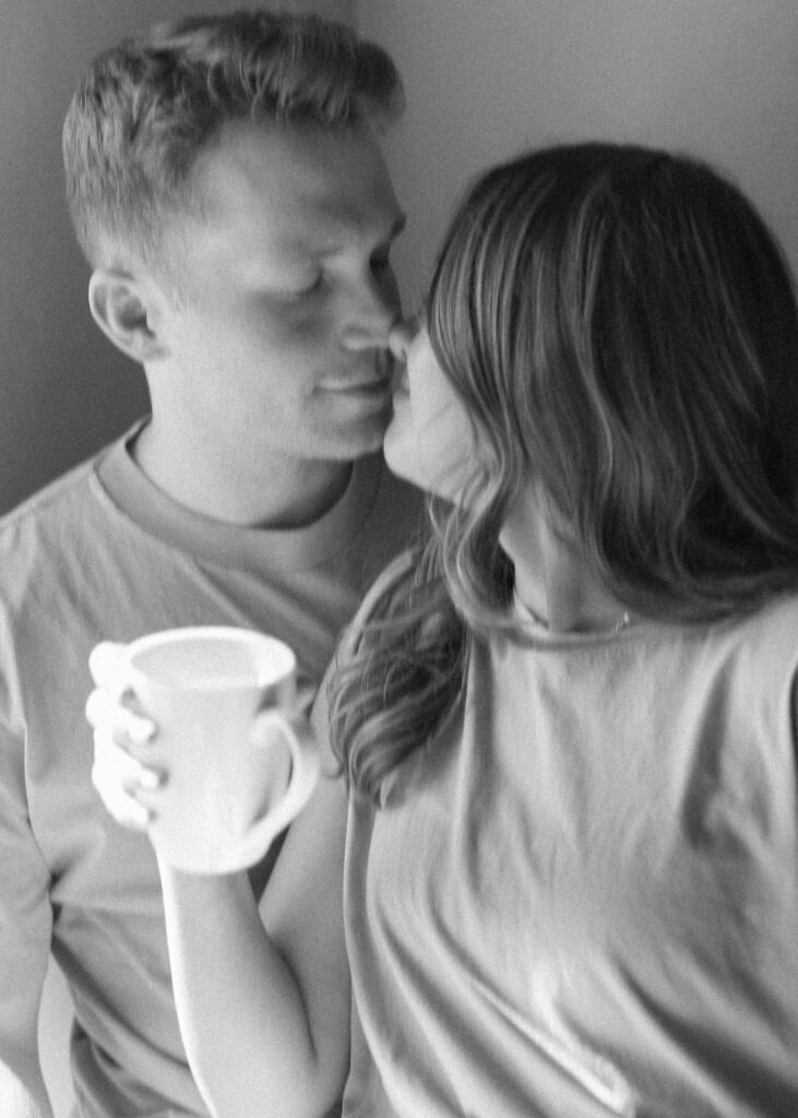 bride and groom sipping coffee before their crook point elopement 