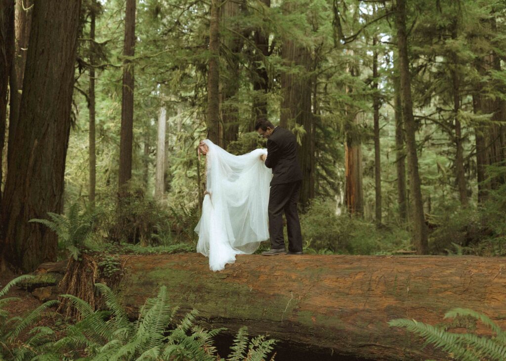 bride and groom walking on trail for their forest elopement 