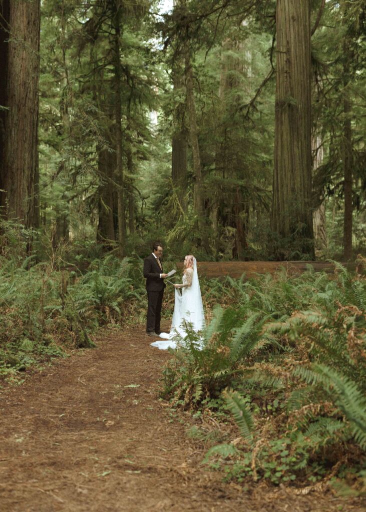 bride and groom reading their vows for their forest elopement 