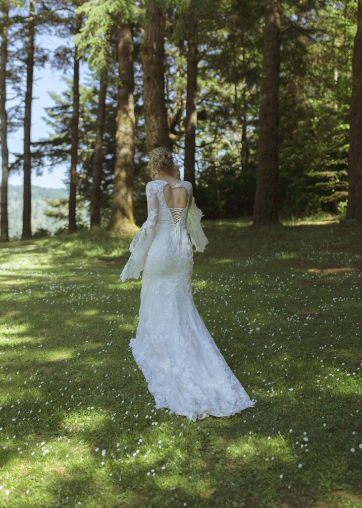 bride walking during her Redwoods Oregon elopement 