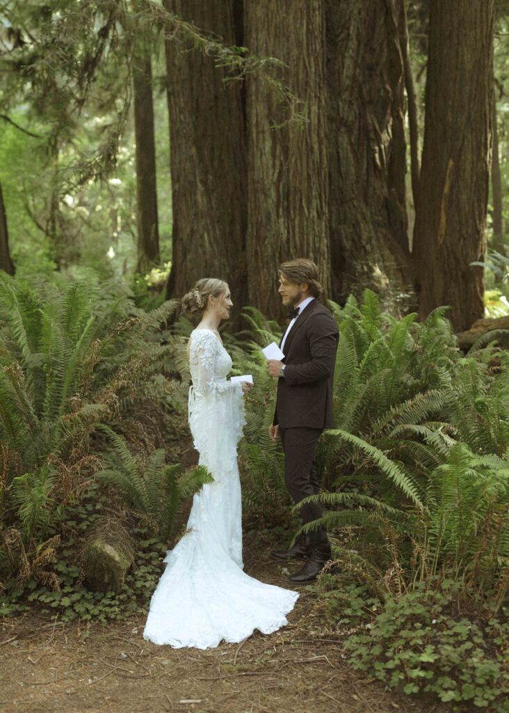 bride and groom saying vows for their Redwoods Oregon elopement 