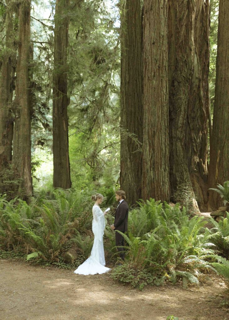 bride and groom saying vows for their Redwoods Oregon elopement 