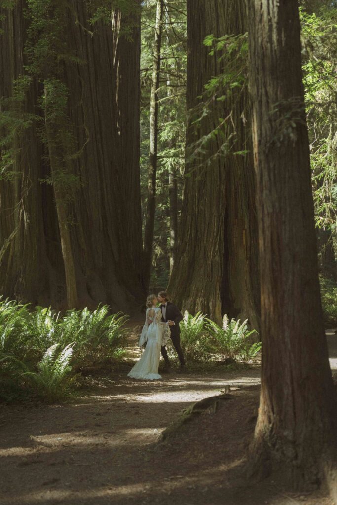 couple taking photos in the Redwoods for their Redwoods Oregon elopement 