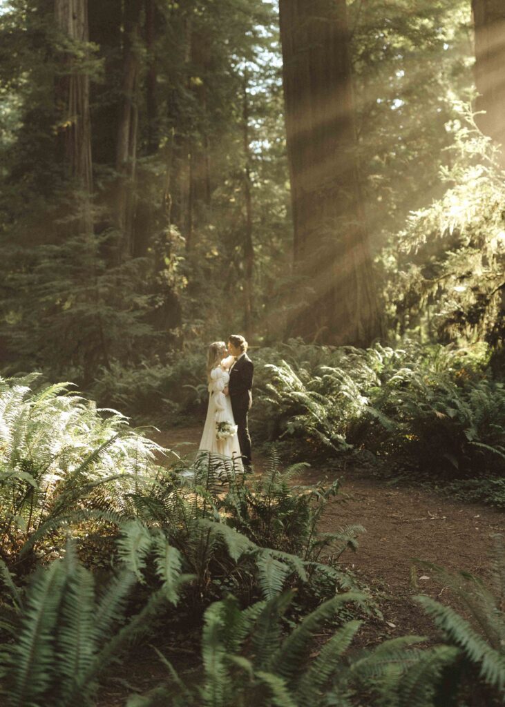 couple taking photos for their redwoods wedding 