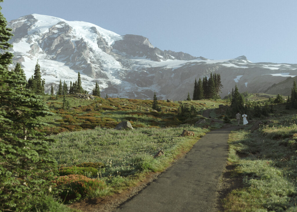 bride and groom walking on the trail for their skyline trail elopement 