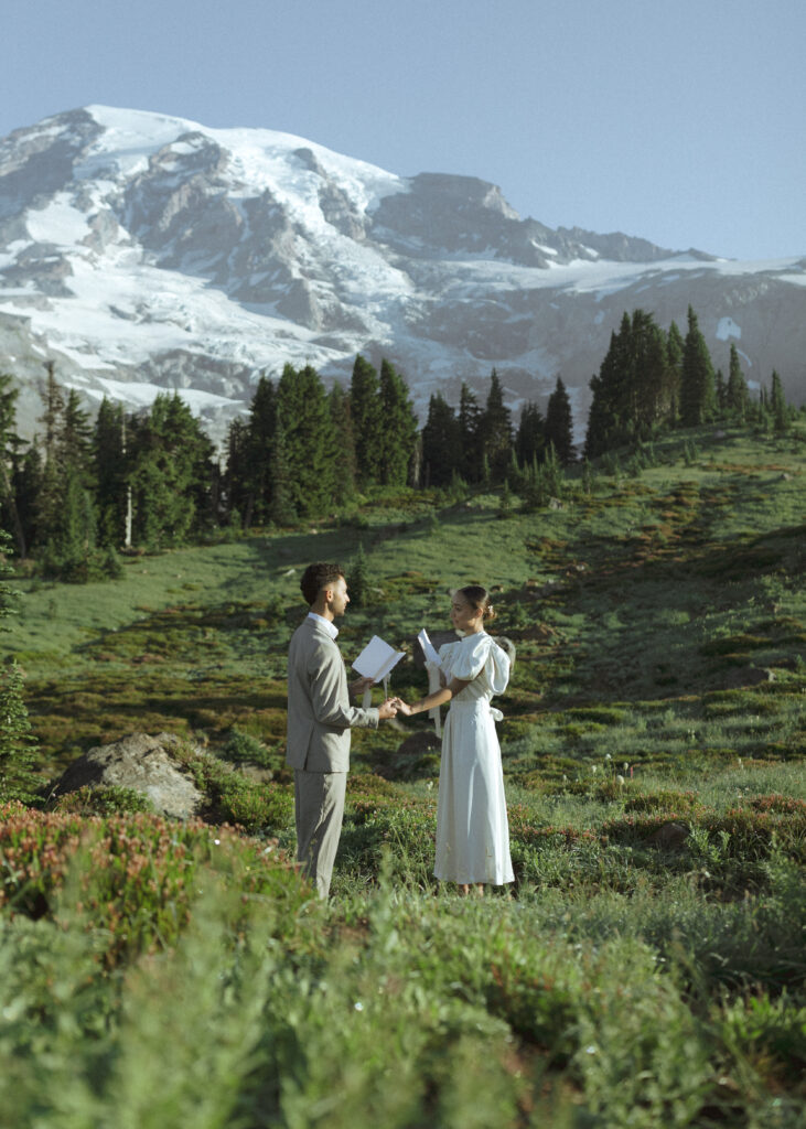 couple reading their vows at their mountain wedding 