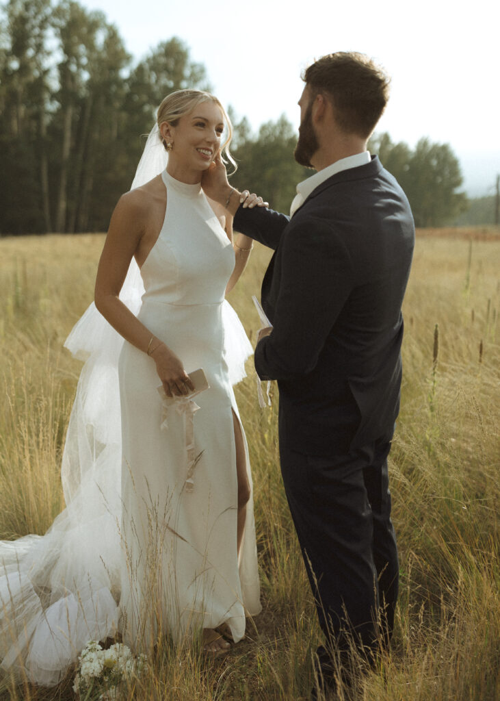 bride and groom reading vows for their fall flagstaff elopement