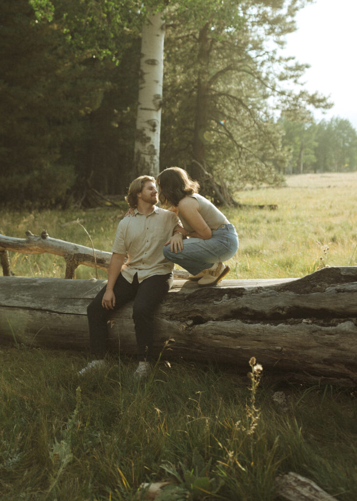 couple sitting on a log for their flagstaff engagement photos