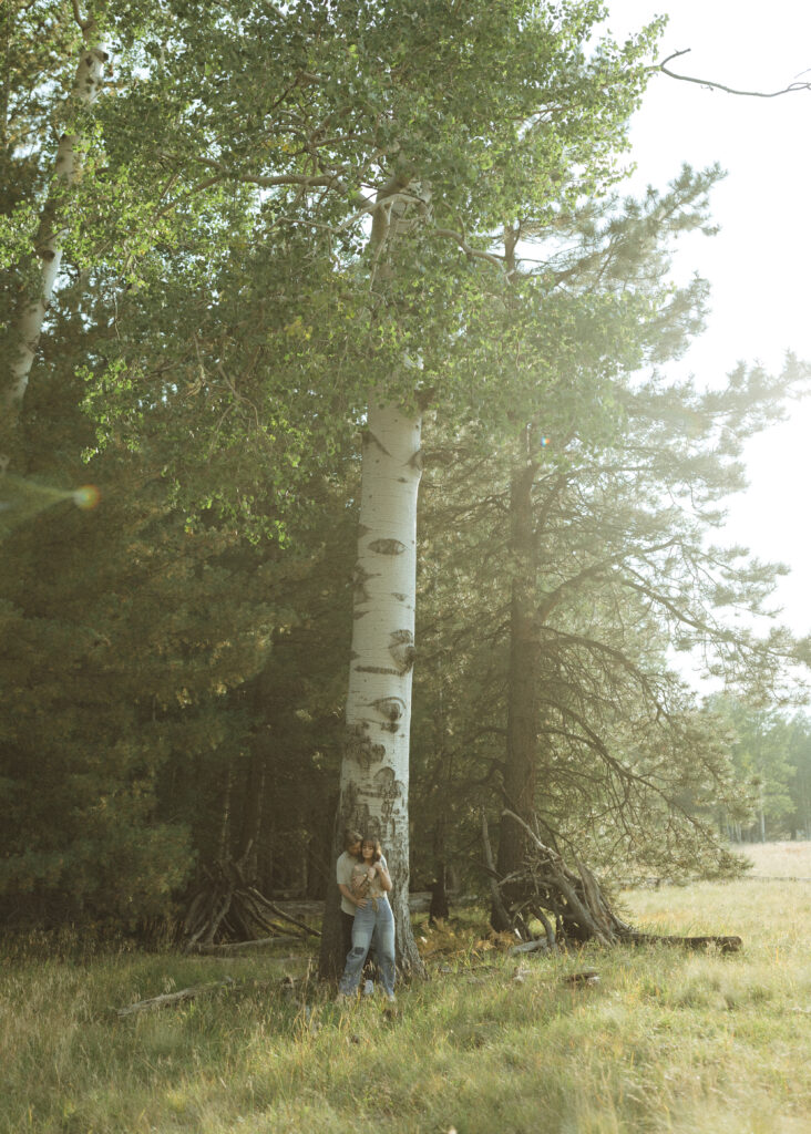 couple posing for their flagstaff engagement photos