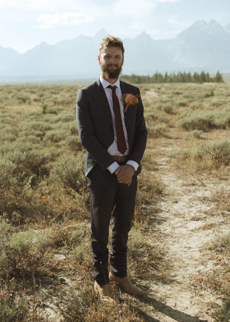 Groom waiting for his bride at Grand Teton National Park 