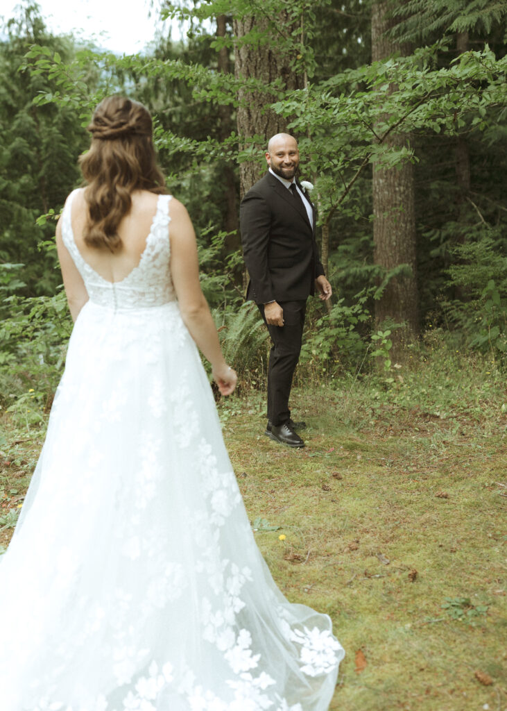 first look for a bride and groom for their Mount Baker Elopement 