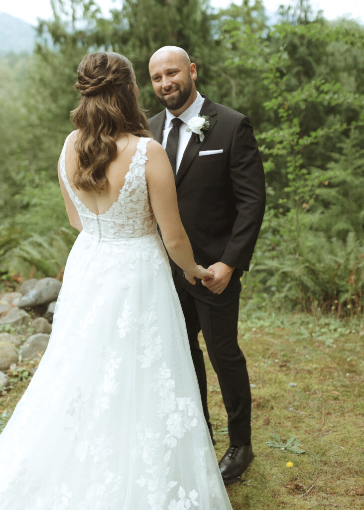 first look for a bride and groom for their Mount Baker Elopement 