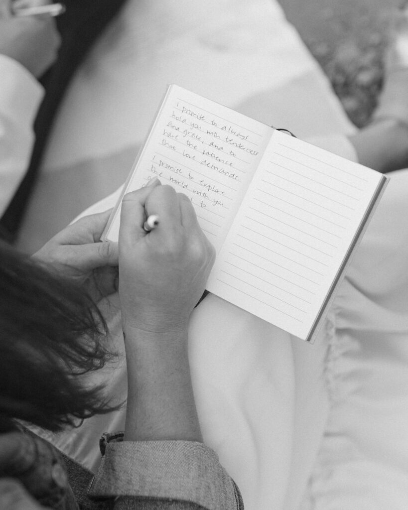 bride and groom writing vows for their Mount Baker Elopement 