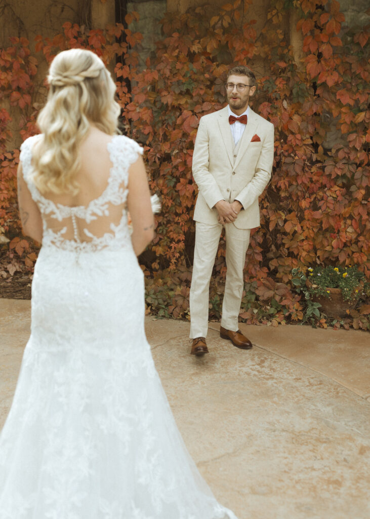 bride and groom first look at their Villa Parker Wedding 