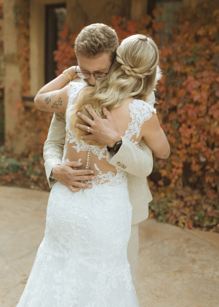 bride and groom first look at their Villa Parker Wedding 