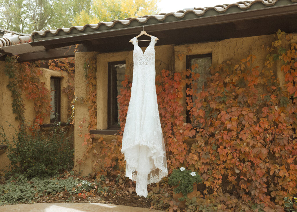 Brides Dress hanging at the Villa Parker 