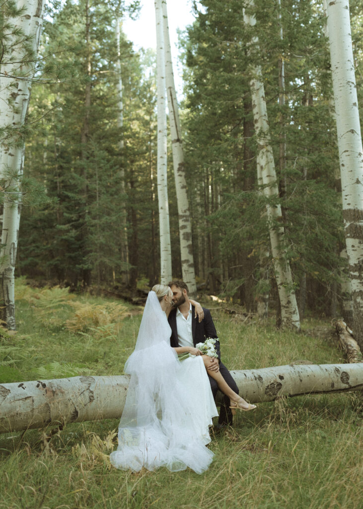 bride and groom taking wedding photos in the mountains 