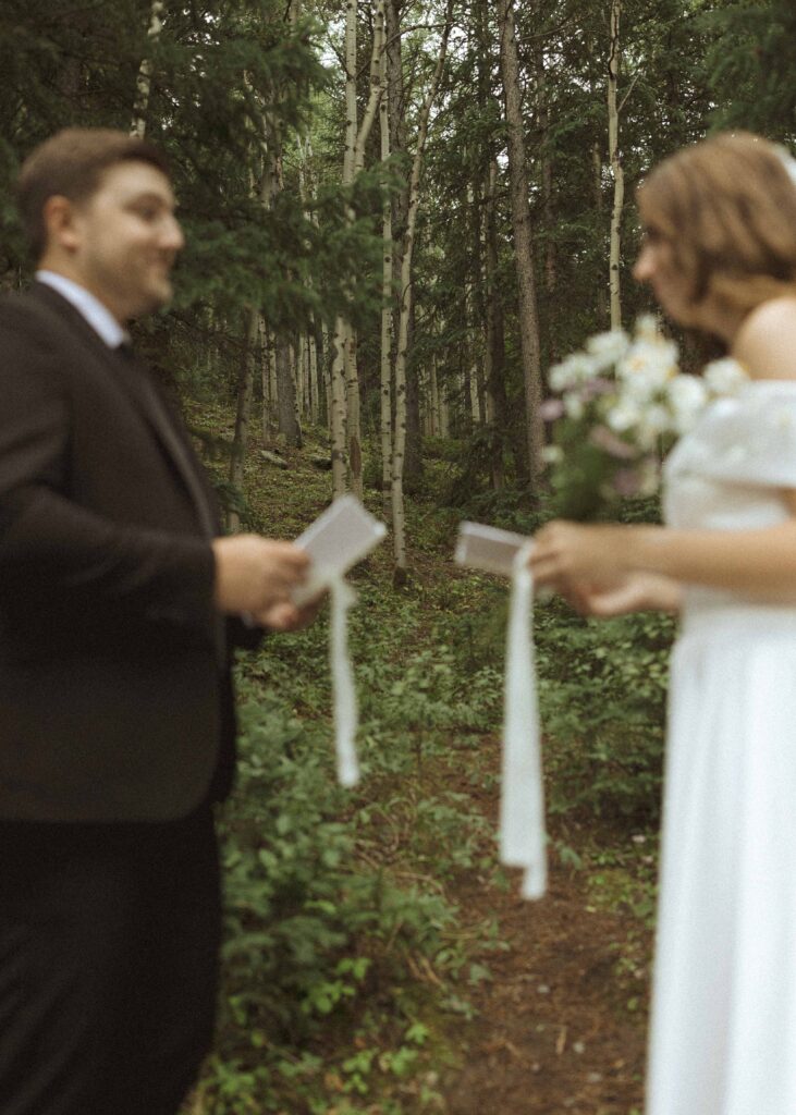 bride and groom reading vows for their mountain wedding 