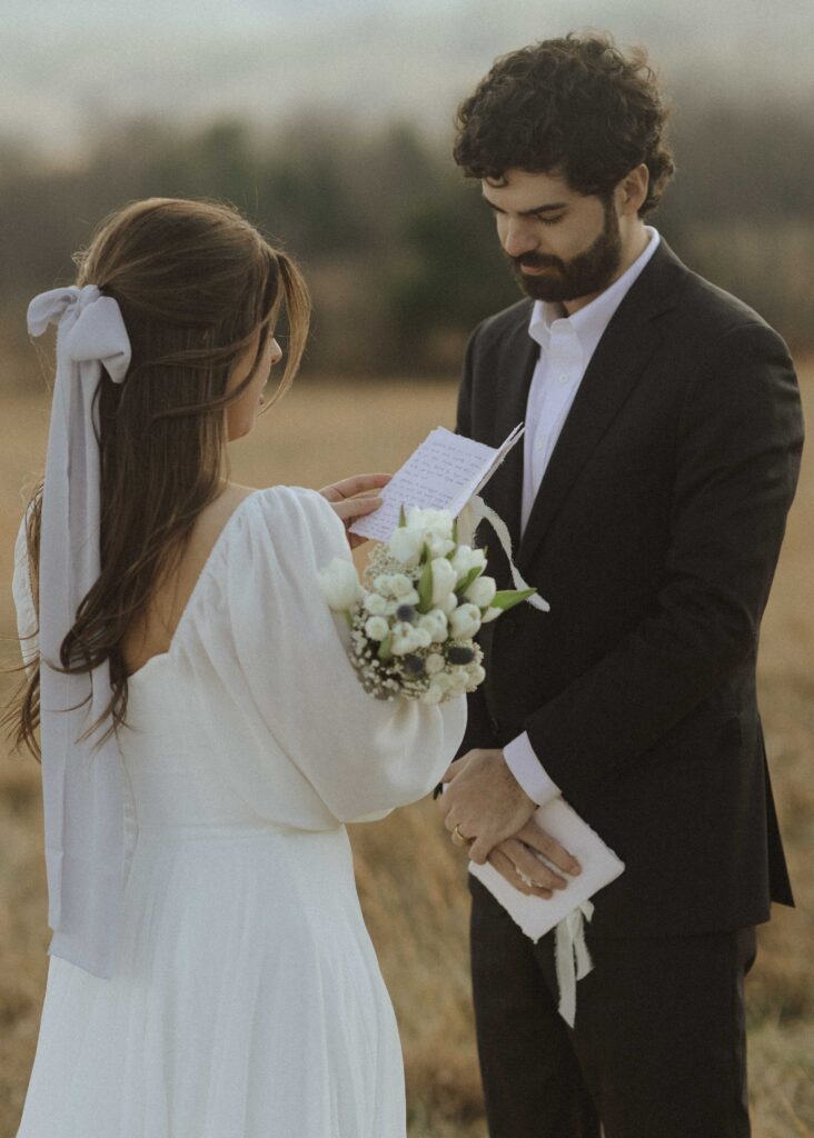 bride and groom reading their vows for their national park elopement