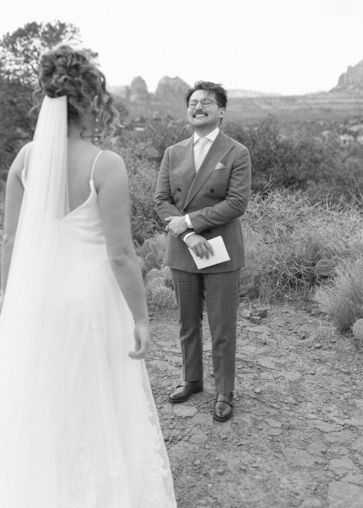 bride and groom first look in sedona