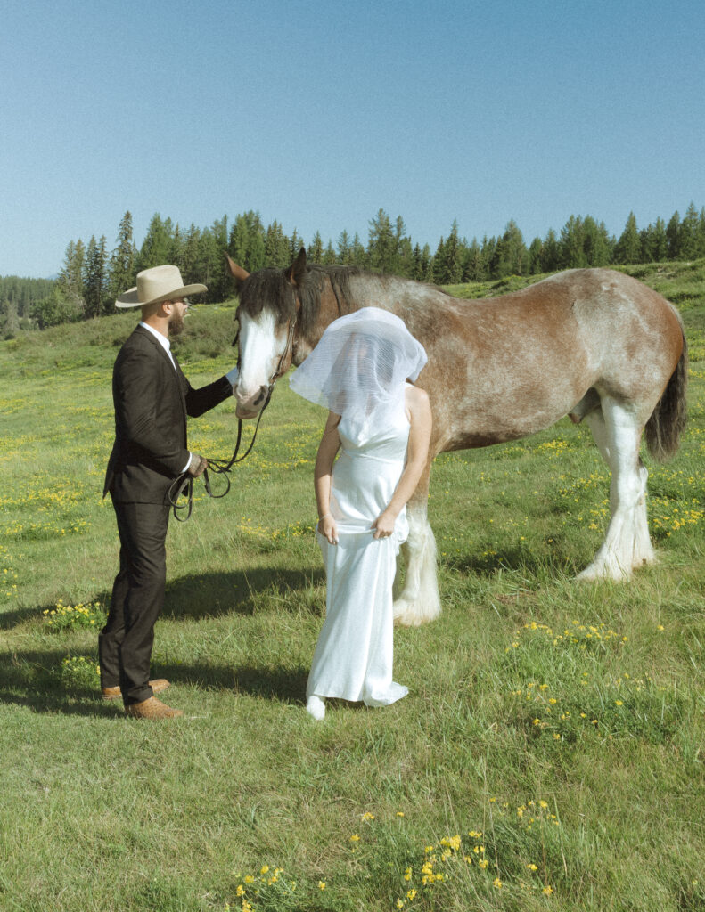 couple taking photos with horses after their lake McDonald elopement