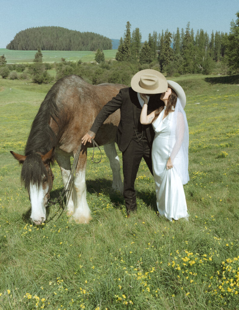 couple taking photos with horses after their lake McDonald elopement