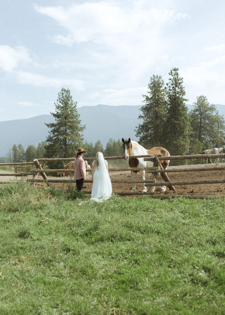 couple taking photos with the horses for their logan pass elopement