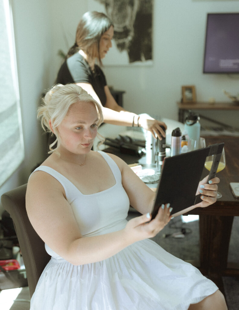bride getting ready for her mountain view turnout wedding