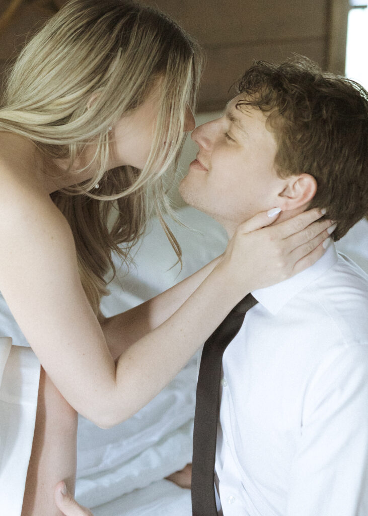 couple getting ready for their Wyoming horse elopement