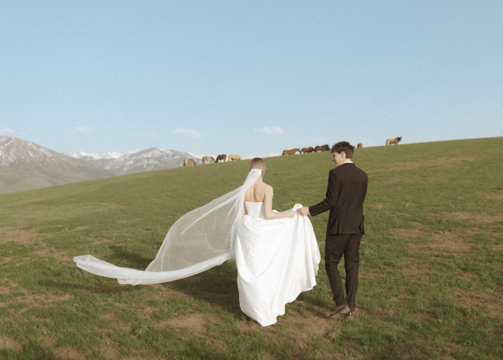 couple taking photos with horses for their Wyoming horse elopement